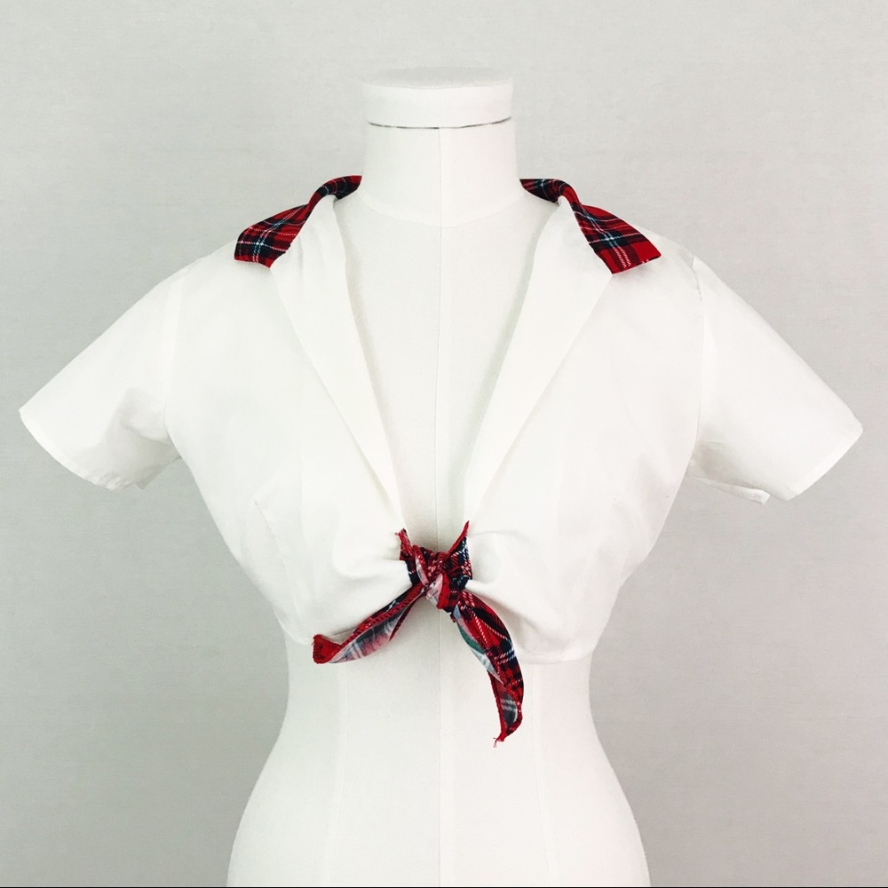 Vintage Tie-Detail Plaid Crop Top | Size S - Picture 2 of 4